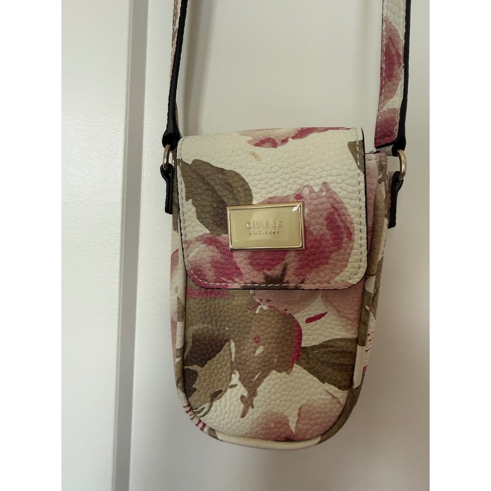 GUESS Floral Crossbody Phone Bag Pink Tan Rose Print Gold Logo Est 1981